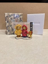 Boxed Cherished Teddies Joey and Lindsey boy and girl in raincoats w/umbrella
