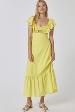 Farm Rio Ruffle Maxi Dress Size L Yellow Shirred Panel Tiered 100% Cotton