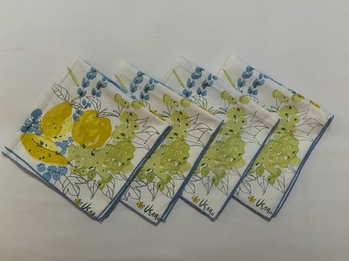Vtg Vera Neumann Blue Yellow Floral Fruit Cotton Napkins Set of 4 Signed 15x16” - Picture 2 of 16