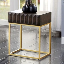 Contemporary Gold Walnut Side Table | Metal Frame, Concealed Storage Drawers