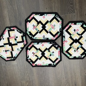 Vintage 70’s Placemats Double Sided Cloth Set of 4 Pink, Green, Yellow, Black