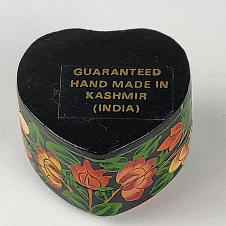 Hand Painted Heart Trinket Boxes Pair Kashmir Floral Art Jewelry Gift India 80s - Image 4 of 4