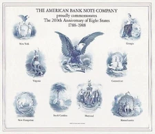 1988 ABNCo souvenir card SCCS SO59 200th Anniversary of Eight States intaglio