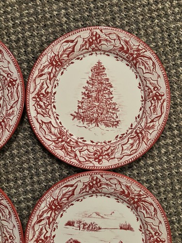 Okucia restauracyjne Boże Narodzenie Blaszane talerze Czerwone kremowe Vintage Zestaw 4 okrągłych 10" - Zdjęcie 4 z 6