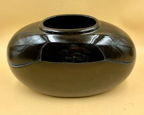 Haeger Pottery W/sticker Oval Vase Black 1989 Oblong Art Deco Glossy #4317 USA