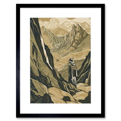 Goldgräber auf felsigen Bergketten Gipfeln Landschaft gerahmter Wandkunstdruck 12 x 16