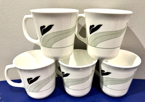 Corelle Black Orchid Mugs Coffee Tea Cups Corning Ware Set of 5 White Floral