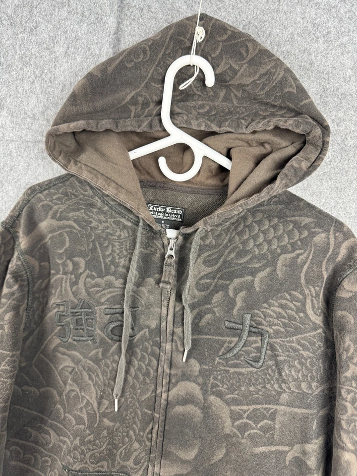 Chaqueta con Capucha Marca LUCKY De Colección Para Hombre Mediana Marrón Dragón AOP Kanji Y2K Foto 3 de 4