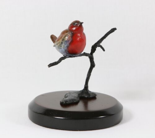 Solid Bronze - Hot Cast - Robin on Branch - Certificate - Mahogany Finish Base - Picture 1 of 1