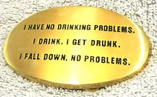 NOS - Vintage NO DRINKING PROBLEMS - Solid Brass Belt Buckle 1970'S - RARE