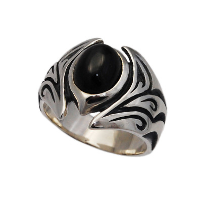 TRIBAL ONYX OVAL RING-SILVER925-オニキスリング OVAL ONYX TRIBAL ENGRAVING 925 STERLING SILVER GOTHIC BIKER