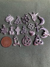 16 Mixed Wicca Charms - bright silver -Triquetra Pentacle Tree