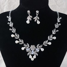 Flower Pearl CZ Crystal Pierced Clip on Wedding Party Prom Necklace Earrings