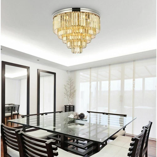 Large Polished Nickel Flush Mount Crystal Light Golden Teak Dining Room Fixture - Picture 2 of 8