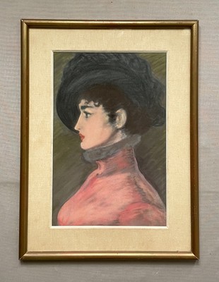 Elegant Profile, Portrait, Pastel, Drawing, Framed, Early 20th Century