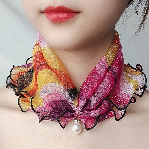 Women Pearl Pendant Chiffon Scarves Organza Neck Collar Scarf Ruffle Lace Scarf^ - Picture 10 of 20