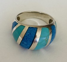 Vintage Southwestern Sterling Silver Denim Lapis Turquoise Dome Ring Size 7