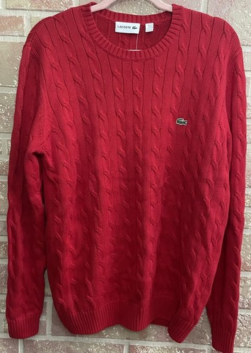 LACOSTE Men’s Size 5 Large RED Cable Knit 100% Cotton Crew-Neck Sweater NWT
