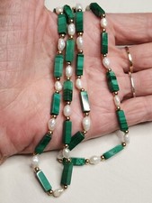 Stunning Vintage Malachite Pearl And Gold Bead Necklace