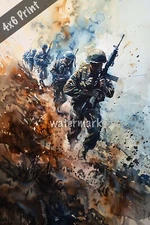 US Marines in action during war watercolor Art 4x6 Print