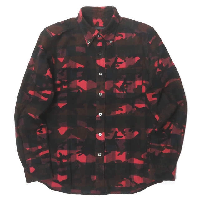 SOPHNET. CAMOUFLAGE OVER PRINT FLANNEL CHECK B.D SHIRT SOPH-156010 S Red