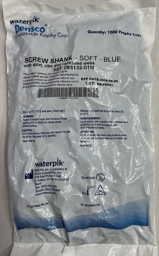 WaterPik 085132-01M Prophy Cups Ribbed & Webbed Screw Type Soft Blue 1000/Pk
