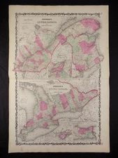 1863 MAP OF LOWER AND UPPER CANADA, MONTREAL, JOHNSON'S  ATLAS, w/ C.O.A.,ORIG.