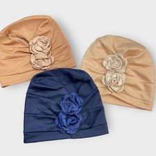 Set of 3 Head Scarf Hat Turbans Tan Navy Blue Pull On Ruched Flower Hair Loss