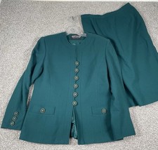 Women's Vtg Herbert Grossman Suit Skirt Jacket Green Wool Office Sz 14 Made USA