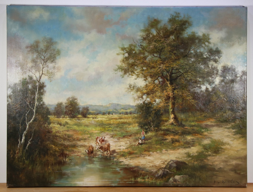 Quadro olio firmato Alfonso Maria SPEIER idillio rurale con mucche allo stagno - Foto 2 di 12
