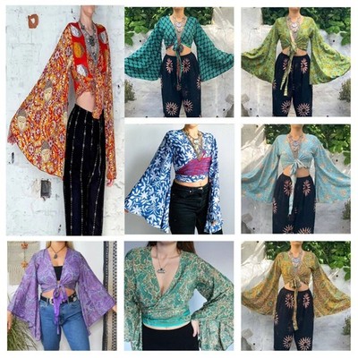 Seidengrün Wickeltop / Upcycling Vintage Sari Clothing 5 tlg Mix Seide...