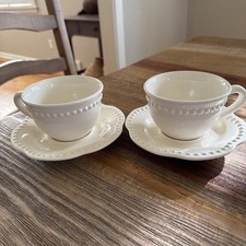 Set of 2 Pottery Barn Emma Creamy White Coffee Tea Cups & Saucers Stoneware