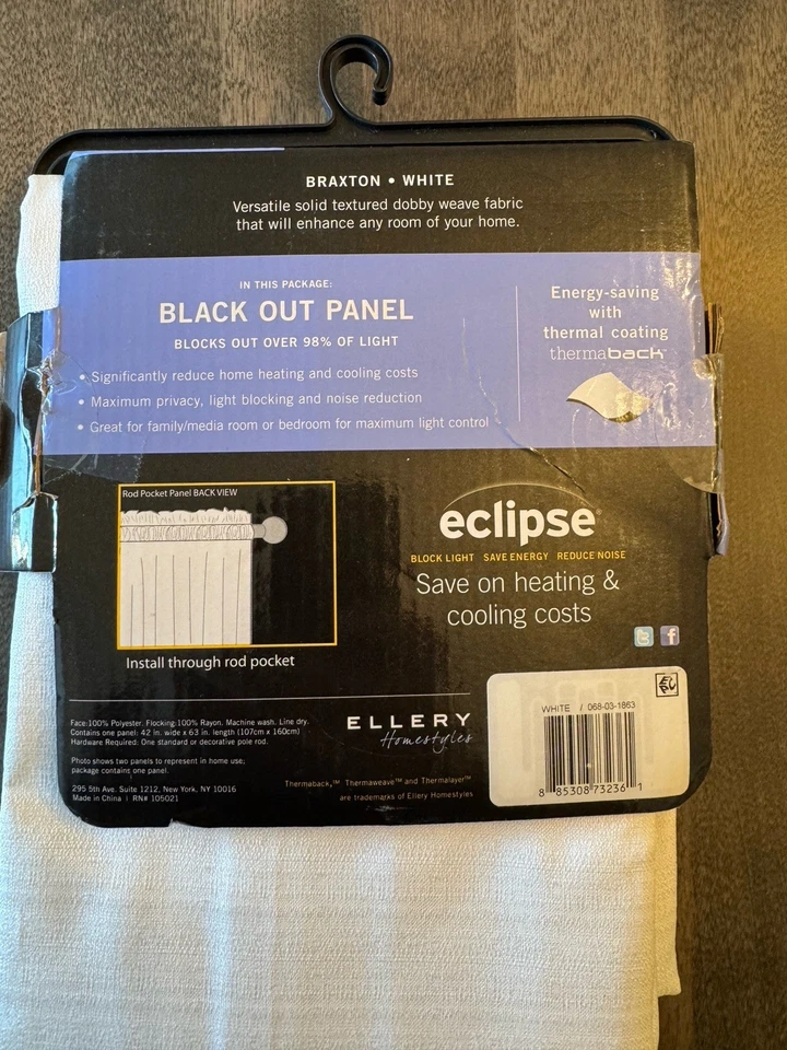 Eclipse Blackout Curtain Braxton White 63" x 42" Black Out Panel  New - Image 2 of 4
