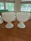 Set Of 2 Vintage Milk Glass Pedestal Compote Bowls Fluted Ribbed Vase Candy Dish