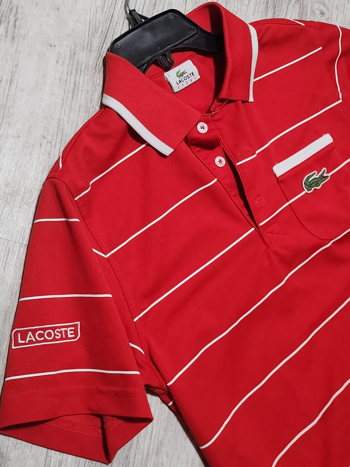 BRAND NEW 1990s Lacoste Sport Polo Shirt  Red Striped Short Sleeve Size 3 RARE thumbnail 2