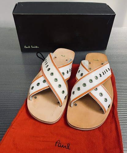 NIB Paul Smith White Leather Cross Strap Djembe Resort Sandals Mens 12 US 45 New