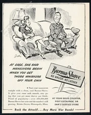 1944 pinup woman and soldier cartoon Burma Shave vintage print ad