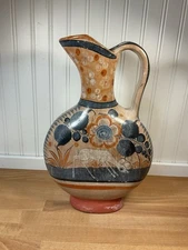 Tonala Mexican Jug Pitcher Vase 14” Folk Art Pottery Flowers Deer Mexico