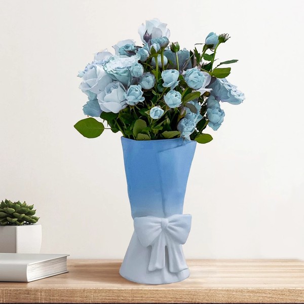 Relexome Keramikvase 24,5 Cm Blau Weiß Mit Schleife – Boho Deko Vase Aus Keramik-image
