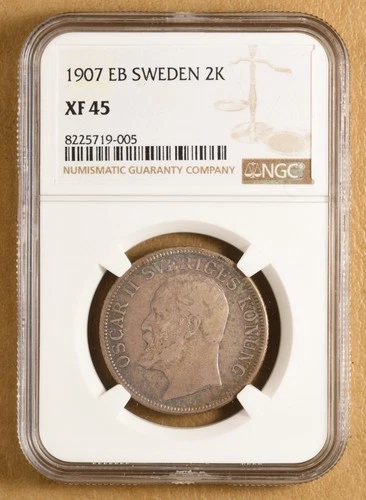 1907 EB Sweden 2 Kronor NGC XF45
