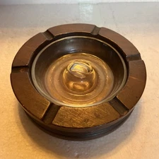 Vintage Mid Century Round Ashtray Wood Clear Glass Insert Two Piece. 6.5” Dia.