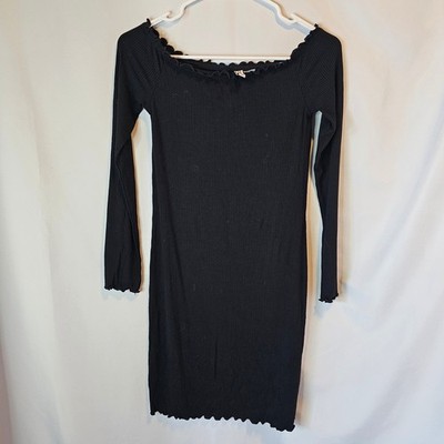 H&M Divided Black Ribbed Off Shoulder Lettuce Trim Mini Bodycon Dress Small