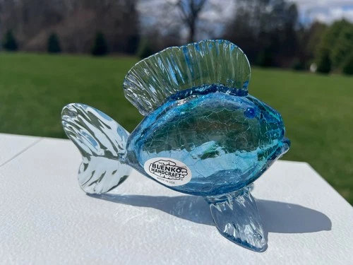 New ListingBlenko Glass Minnow Fish In Crackle Ice blue with Darker Blue Swirls in the Body