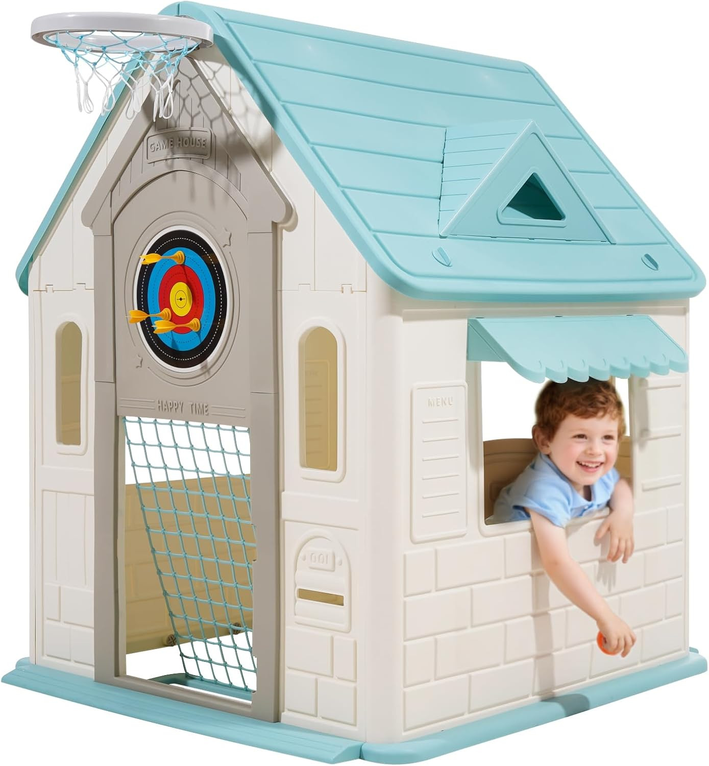 5-in-1 Outdoor Playhouse with Slide, Sports Games & Pretend 