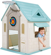 Outdoor Playhouse, 5-In-1 Cottage Play House with Pretend Play, Basketball, Dart