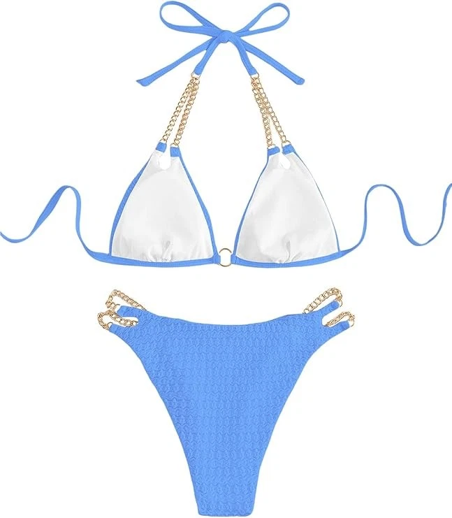 Maillot de bain deux pièces femme bikini bleu taille S avec chaînes dorées éléga - Photo 3/4