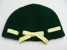 GREEN WITH BOW - HAND KNITTED - ONE SIZE STOCKING CAP BEANIE HAT 