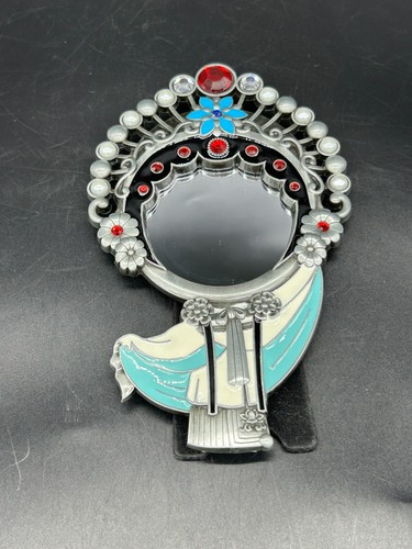 Japanese Geisha Girl Enameled Gem Self Standing Vanity Desk Hand Held Mirror - Picture 3 of 13