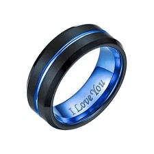 8mm Black Tungsten Carbide Ring Blue Stripe Wedding Band I love you Engraved