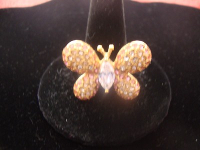 J11 BUTTERFLY RING W/ PINK & WHITE AUSTRIAN CRYSTAL ION PLATED YG STEEL SIZE 9